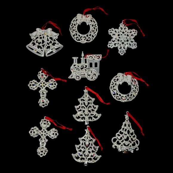 Lenox Sparkle Scroll Christmas Ornaments Silvertone Crystals Lot of 10